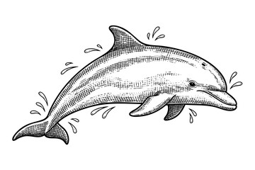 Dolphin engraving illustration in vintage black and white hand drawn marine line art style