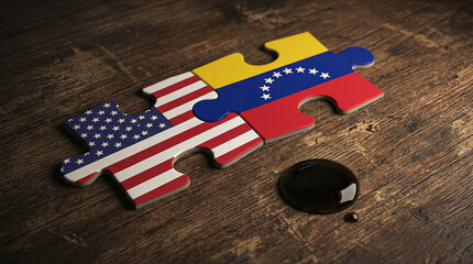 Puzzle Pieces with US and Venezuela Flags on Wooden Surface Concept