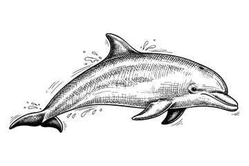 Dolphin engraving illustration in vintage black and white hand drawn marine line art style