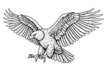 Flying eagle engraving illustration in detailed vintage black and white line art style