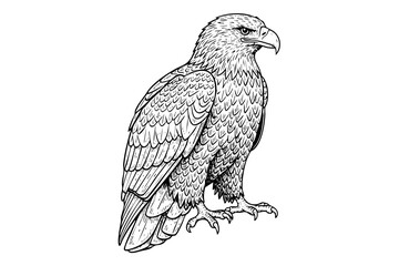 Standing eagle engraving illustration in vintage black and white hand drawn line art style