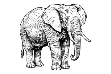 Elephant engraving illustration in detailed vintage black and white line art style isolated on white