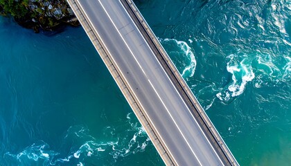 Aerial view of a bridge spanning turquoise waters, surrounded by rocky edges and waves