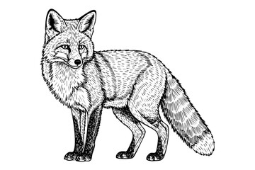 Vintage engraved fox illustration in black and white hand drawn lart style