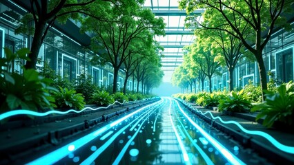 The future road is covered with green vegetation landscape