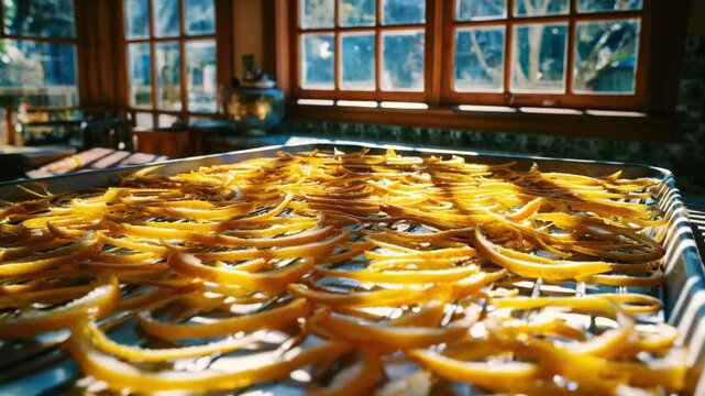 Medium shot of lemon zest being spread evenly on a drying rack in a sunny kitchen to naturally preserve and intensify the citrus flavor.