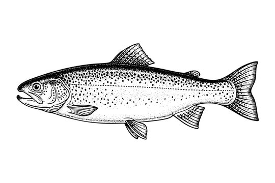 Vintage salmon engraving black ink fish hand drawn illustration