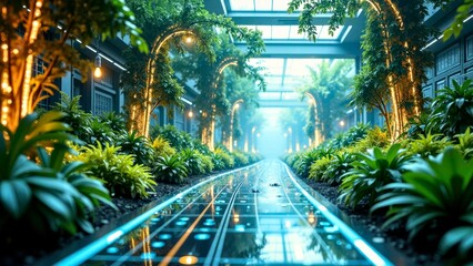 The technology space is filled with green plants and water features