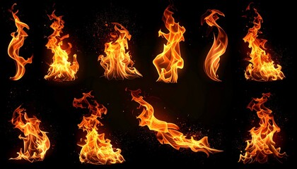 A collection of dynamic flame shapes against a dark background, showcasing varying intensities