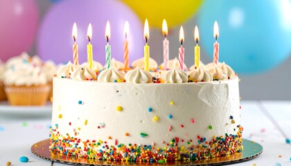 A festive cake adorned with colorful sprinkles and lit candles, set against a vibrant backdrop