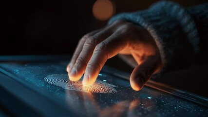 Medium shot of a person using a fingerprint scanner on a device to enable biometric verification during an online transaction. - Powered by Adobe
