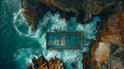 Aerial view of abandoned seaside sports court surrounded by waves and cliffs