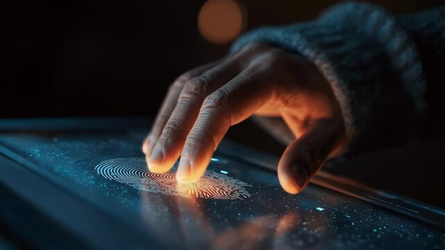 Medium shot of a person using a fingerprint scanner on a device to enable biometric verification during an online transaction.
