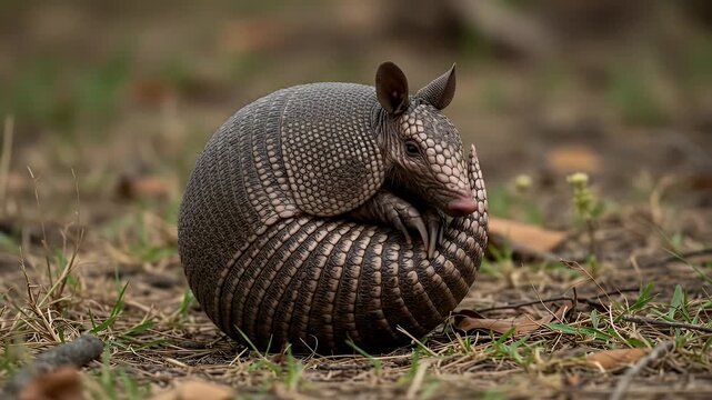 Armadillo curled up in a ball on the ground, wildlife animal in nature.