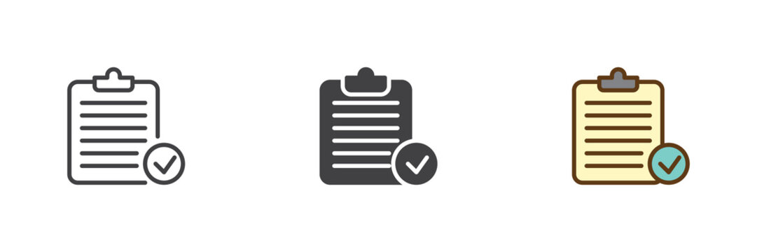 Clipboard with check mark different style icon set. Line, solid and filled outline colorful icon, vector sign and symbol. Checklist clipboard icon for grocery order, audit and task icon.