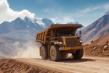 Obraz premium Large dump truck navigating dusty mountain road in rugged terrain with majestic mountainous background