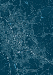 Map of Stoke-on-Trent, presented in a minimalist style. The map features a dark teal background with white lines representing streets, roads, and geographical boundaries.