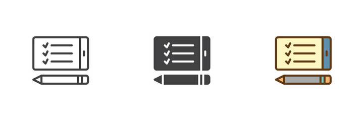 Mobile phone with checklist different style icon set. Line, solid and filled outline colorful icon, vector sign and symbol. Survey phone icon for grocery feedback and customer icon.