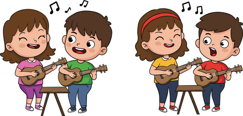 Happy children playing ukulele, kids singing music together, cartoon illustration of joyful childhood, musical performance, friendship, fun, learning, entertainment © BlendCraft