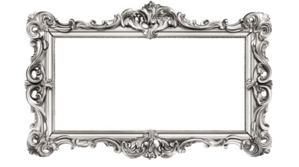 Ornate silver picture frame with baroque style carvings against a black backdrop on transparent background