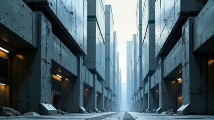 Black grey building corridor extends with cold light