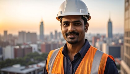 A smiling construction worker in a hard hat and safety vest stands against a city skyline