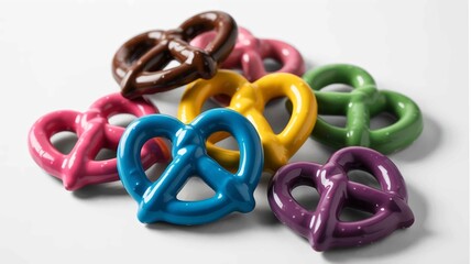 Colorful chocolate covered pretzels on white background,The twisted pretzels are coated in various vibrant chocolate colors including rich dark brown, creamy white, bright pink, mint green, and sunny 
