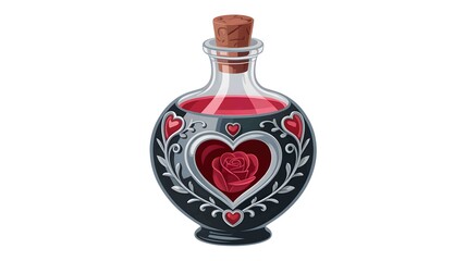 Mystical love potion bottle with a vibrant red rose and ornate heart designs isolated on transparent background