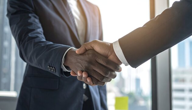 Two business professionals shake hands in a bright office setting with a city view