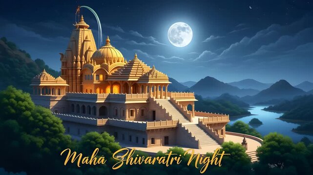 Maha Shivaratri Night Temple Moonlight Mountains Spiritual Celebration Golden Architecture