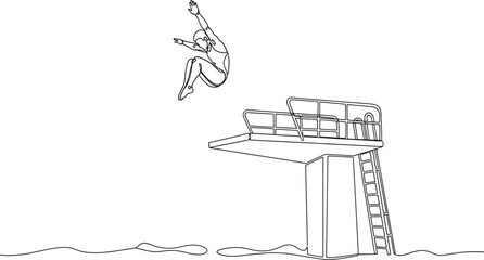Obraz premium Athletic figure executing a graceful tuck position dive from a high platform towards the water surface depicted in a continuous single line art illustration style for sports concept design.