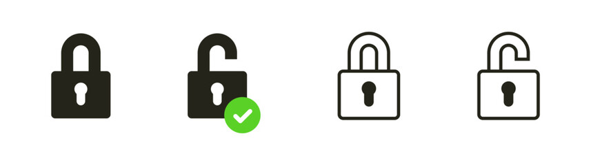 Lock and unlock security icons - padlocks in both locked and unlocked states for data privacy showing protected, verified, and access states, ideal for privacy, login, and UI systems.