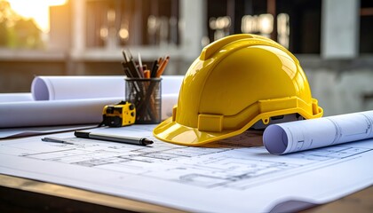 A yellow hard hat sits on construction plans with a set of pens and a small vehicle toy on a desk