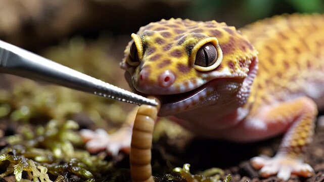 Leopard Gecko Eats Worm From Tweezers, Close Up View.