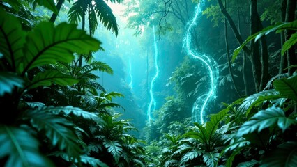 Green Rainforest Lightning Natural Landscape