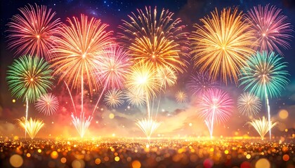 A vibrant display of colorful fireworks illuminating the night sky with a festive atmosphere