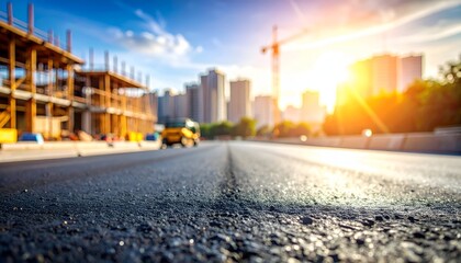 Fototapeta premium A wide view of a construction site at sunset, showcasing a smooth road and skyscrapers