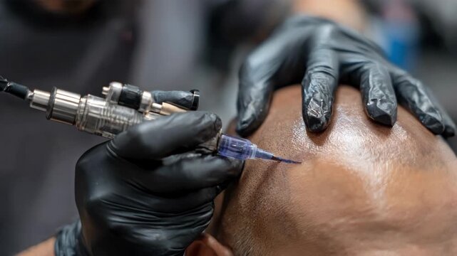Medium shot of a technician performing scalp micropigmentation with precision equipment to create the appearance of fuller hair density.