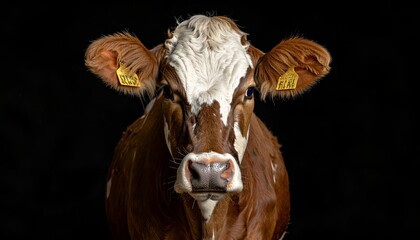 A close-up portrait of a brown and white cow against a dark background, showcasing its features