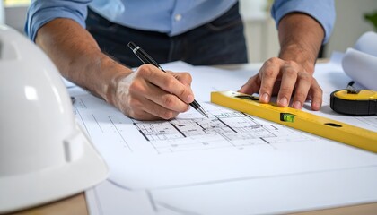 A person focuses on architectural plans with a level and drawing tools on a workspace