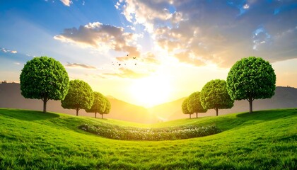 A serene landscape featuring lush green hills, trees, and a vibrant sunrise with soft clouds