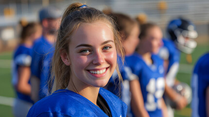 Young athlete smiles on football practice field during afternoon session with teammates