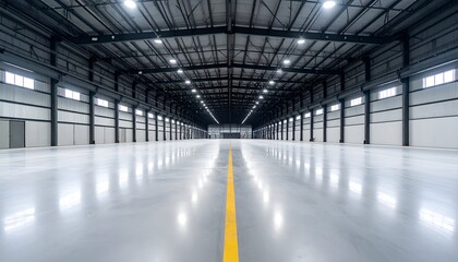Fototapeta premium A spacious industrial warehouse with polished concrete floors and high ceilings, illuminated evenly