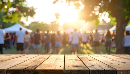 A sunlit outdoor scene featuring a wooden tabletop in focus with a lively crowd in the background