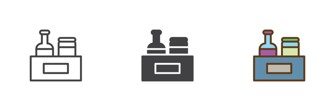 Condiments box with bottles different style icon set. Line, solid and filled outline colorful icon, vector sign and symbol. Condiment icon for grocery, kitchen and food storage icon.