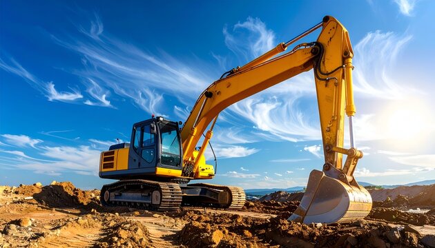 A yellow excavator works on a construction site under a bright blue sky and swirling clouds