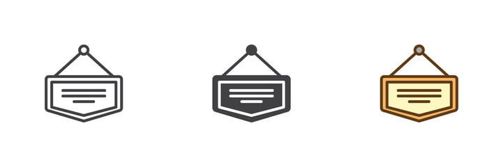 Hanging sign board with rope different style icon set. Line, solid and filled outline colorful icon, vector sign and symbol. Signboard icon for grocery store and shop icon. © alekseyvanin