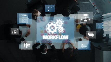 A diverse team collaborates in a modern office environment, engaging in strategic planning with digital workflow icons highlighting productivity and teamwork dynamics. Raster