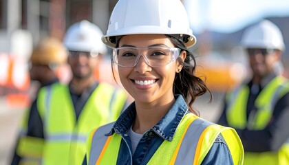 A smiling construction worker in safety gear, surrounded by colleagues at a busy site