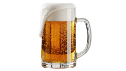 Frothy beer in a glass mug with condensation foam